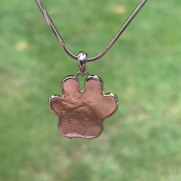 New Rhodium Plated Paw Necklace with Pink Crystals - Picture 3 of 6